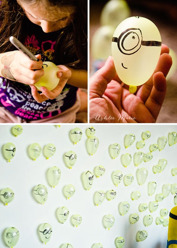 use water balloons and a sharpie to create a backdrop of hundreds of mini minions