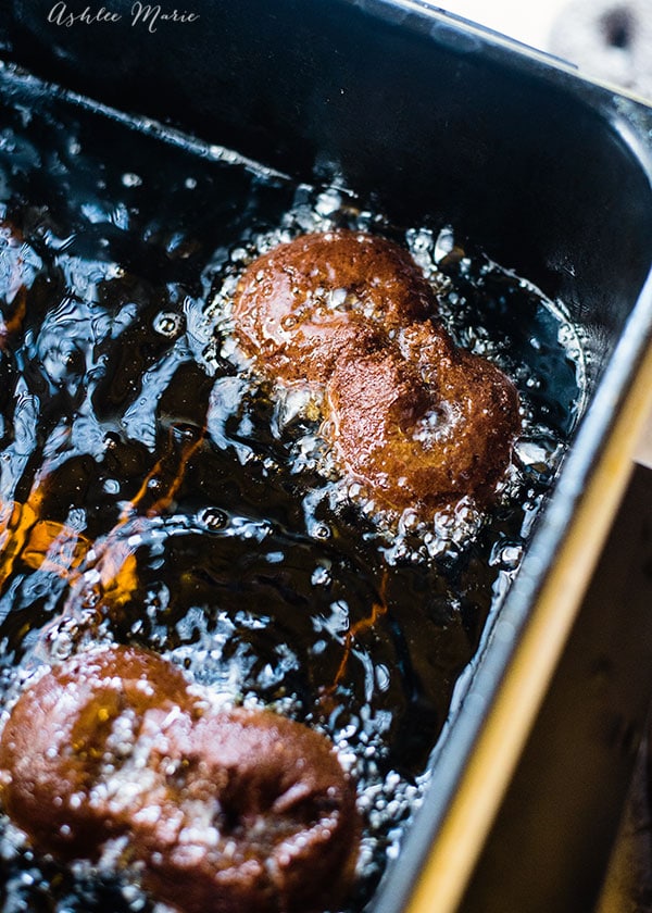 Fry your goggle cake donuts for a few mins on each side, let drain then dip in the sugar