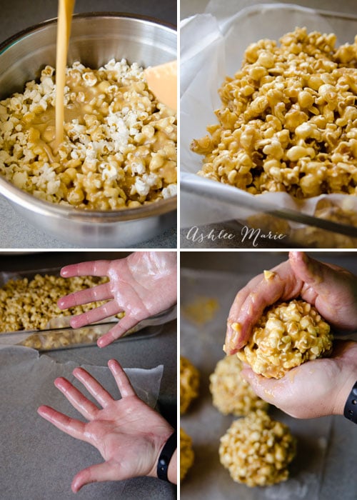 making soft gooey caramel popcorn balls are easy and a delicious treat and gift during the holidays