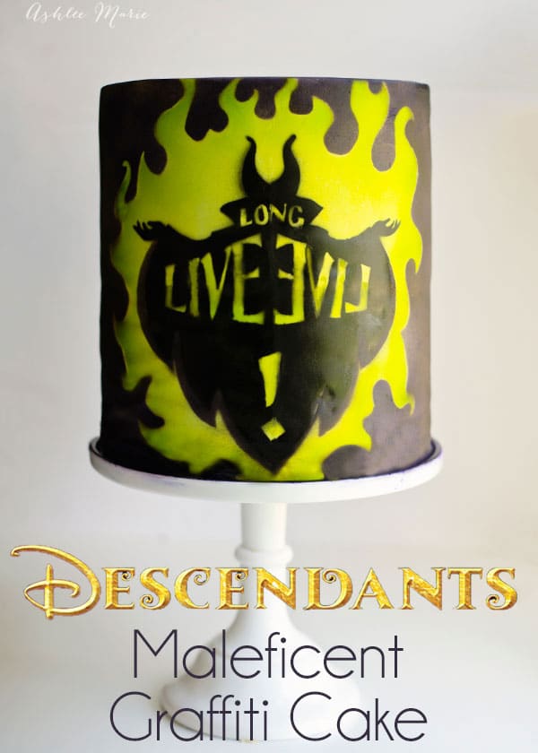 a video tutorial using homemade stencils and an airbrush gun you can create this graffiti inspired "long live evil" Maleficent cake inspired by Disneys Descendants movie