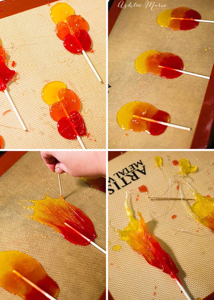 make homemade cinnmon suckers look like flames using three colors, and a toothpick