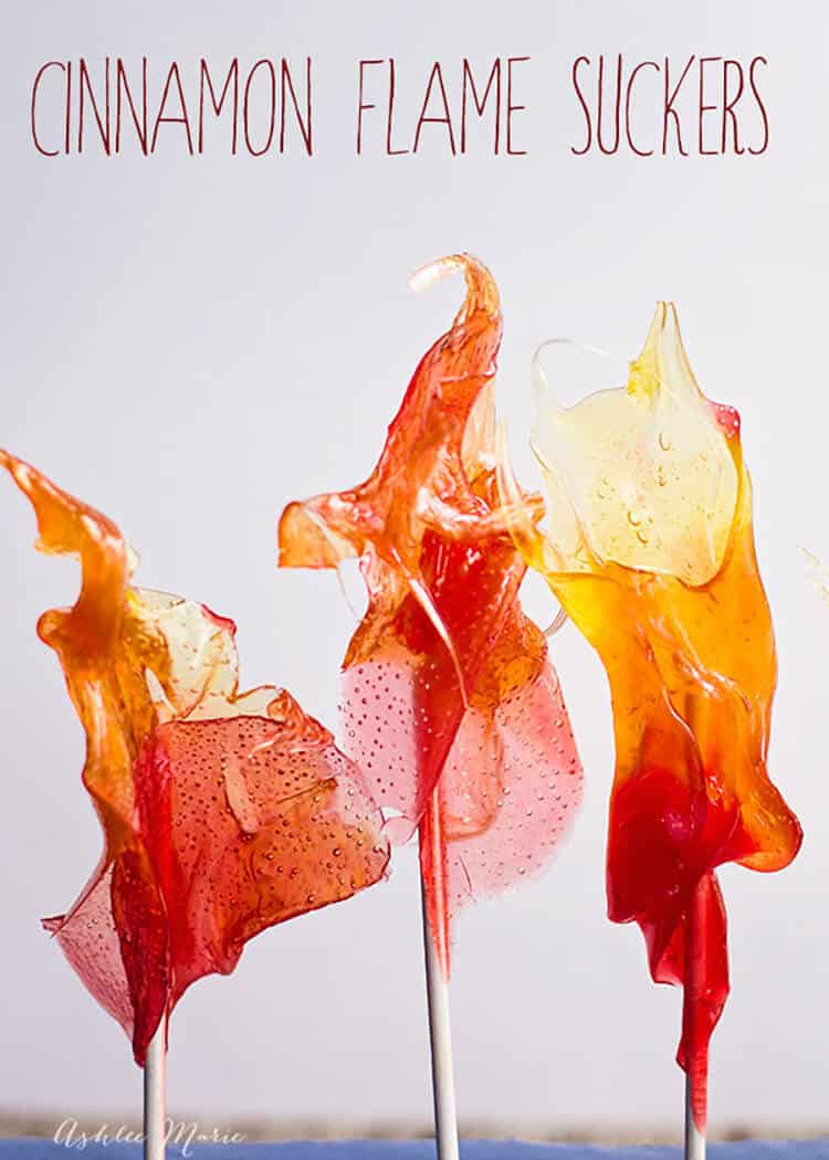 perfect for candy fire, these cinnamon candy suckers in three colors and pulled into the shape of flames