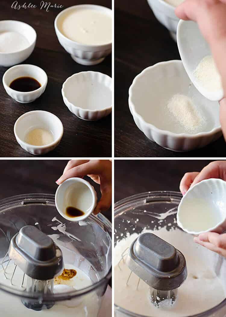 Make whipped cream with whatever sugar and vanilla flavoring you want then add some melted gelatin to stabilize the whipped cream