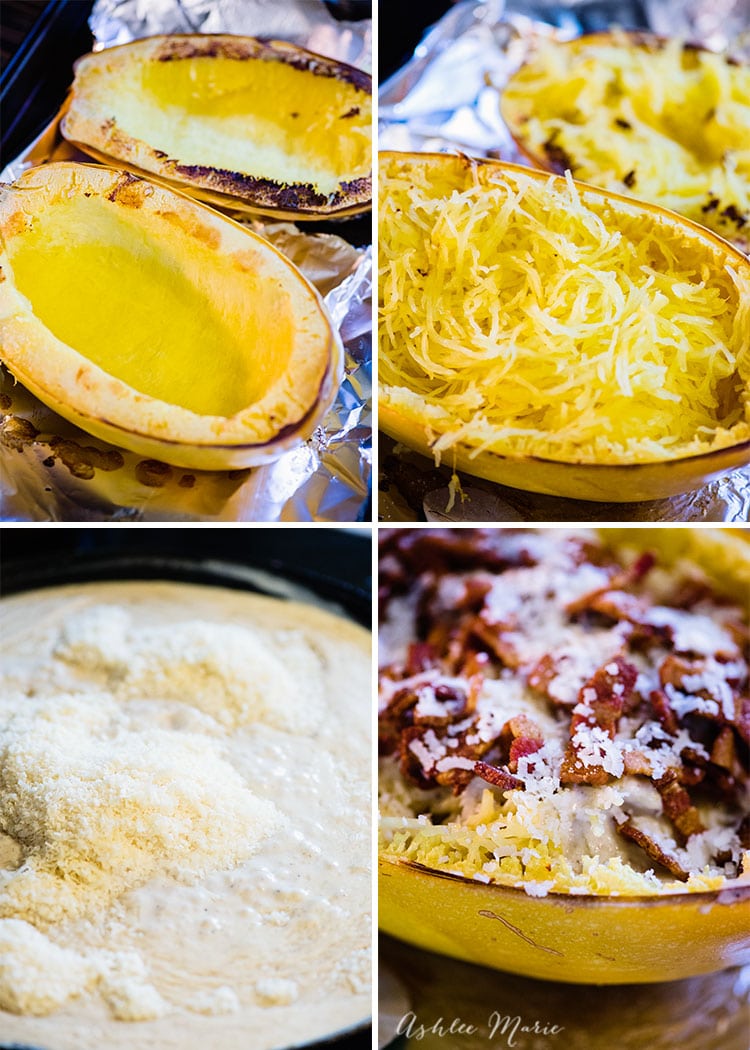 bake the spaghetti squash and fluff with a fork, then add the pasta sauce and bacon and bake a little longer