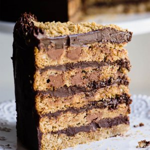 Oatmeal Chocolate chip, Macadamia nut cookie cake with Dark Chocolate Ganache frosting