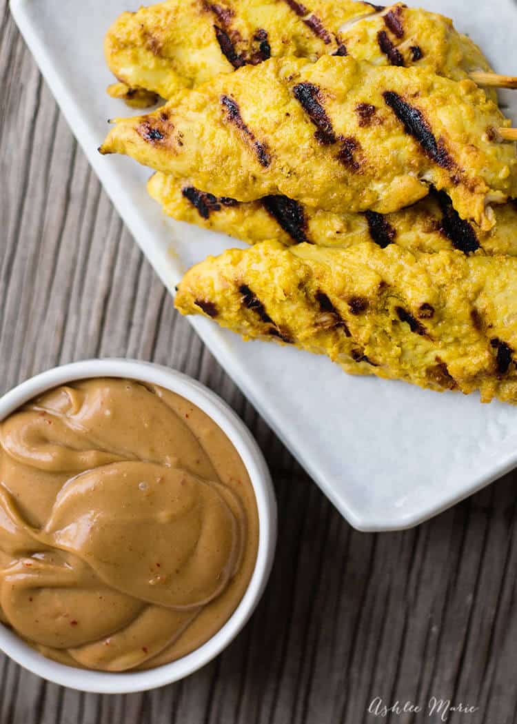 the star of this dish is the amazing peanut sauce with a kick - the Thai chicken satay recipe is super easy too