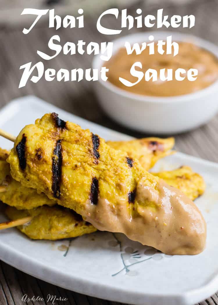 these Thai chicken satay are easy to make and have a great flavor and kick but the real star of this dish is the easy and delicious peanut sauce