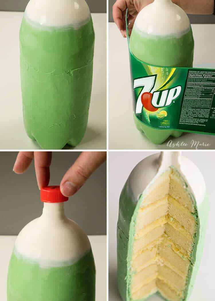 finish off the soda bottle cake with the wrapper and lid - when you cut it open you'll see all the cake, mousse and frosting layers