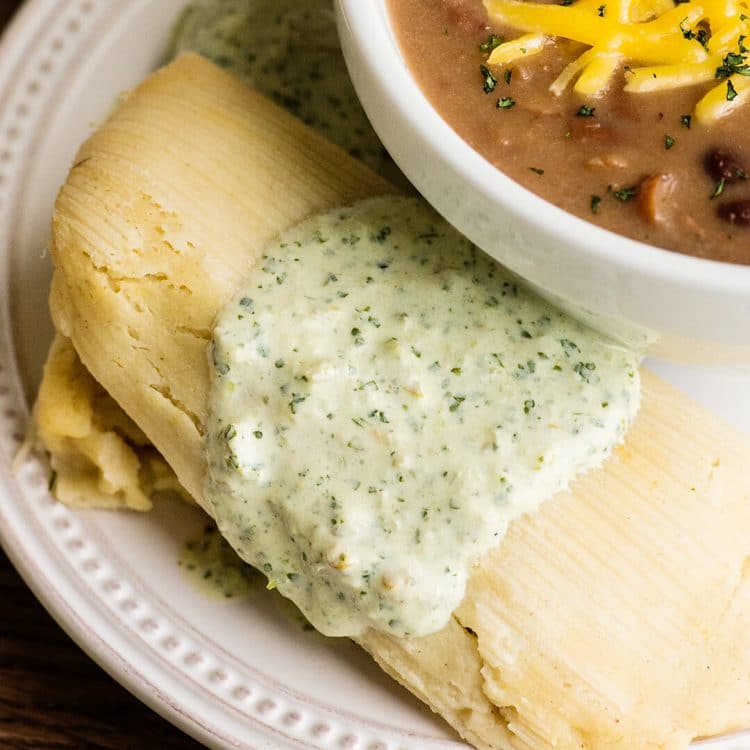 green chicken tamale with jalapeno dip