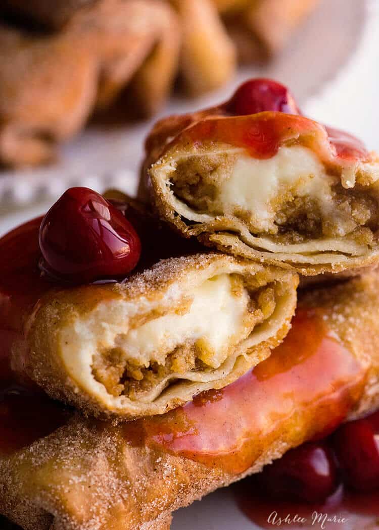 recipe and video tutorial for these delicious cheesecake chimichangas