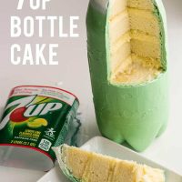 the inside of this chocolate soda bottle shell is filled with 7UP cake, 7UP mousse and 7UP frosting!