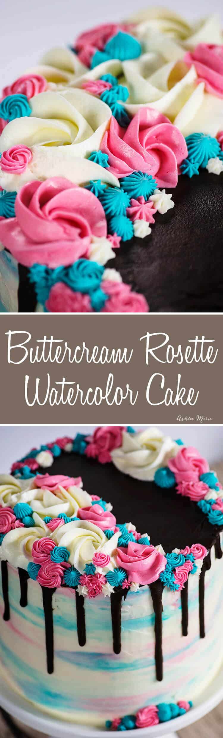 this pink and blue cake features a buttercream watercolor technique, chocolate ganche drips and is covered in pink and blue rosettes and stars - perfect for a gender reveal party