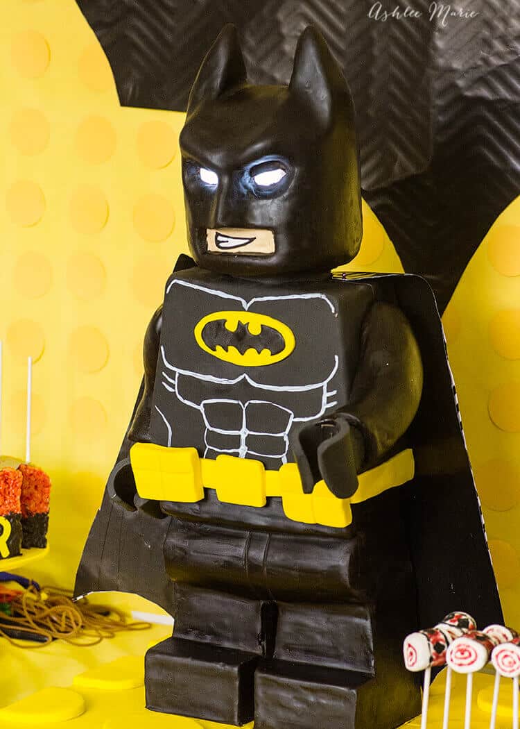 a full video tutorial for creating this standing Lego Batman cake - internal structure cake carving and more