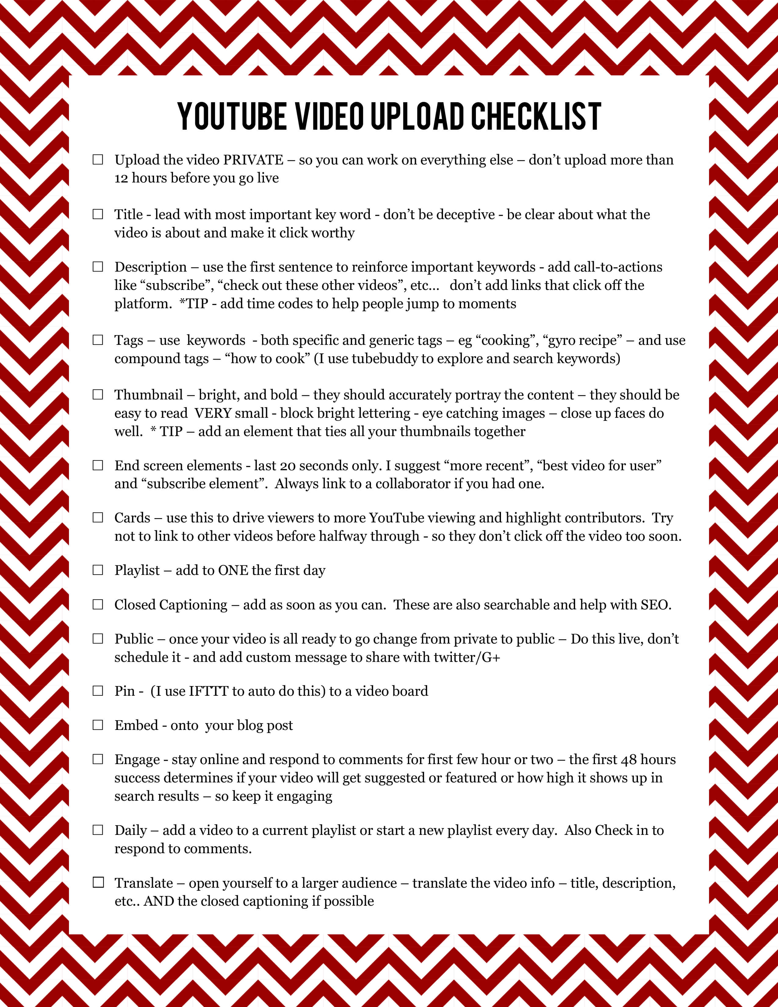 youtube video upload checklist