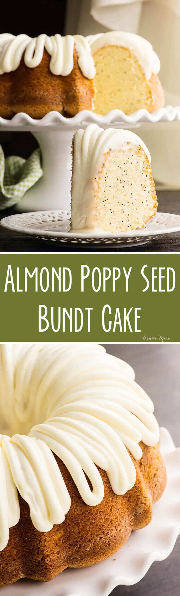 this almond poppyseed bundt cake is light and fluffy and has great texture and flavor - add the cream cheese frosting for a creamy sweet bite
