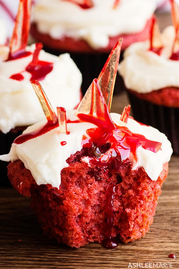 bloody red velvet cupcakes with edible glass shards