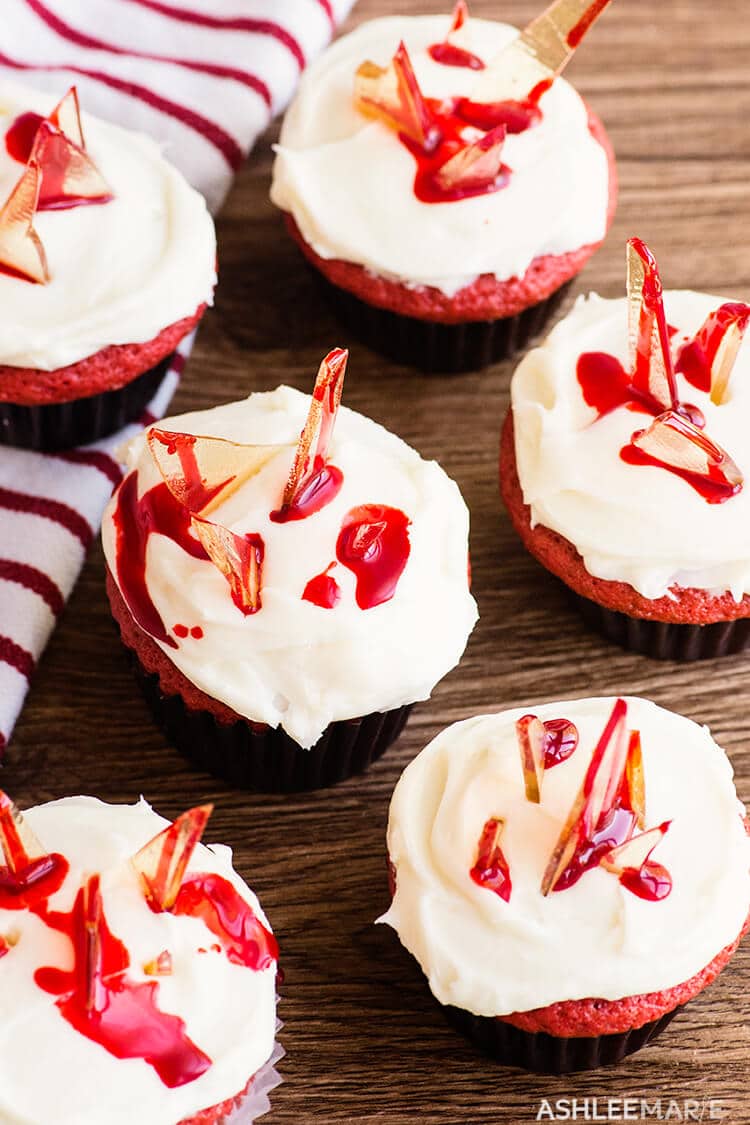 edible glass shards in red velvet cupcakes