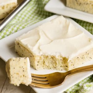 Almond poppy seed sheet cake recipe with cream cheese frosting