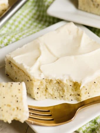 Almond poppy seed sheet cake recipe with cream cheese frosting