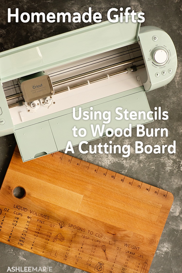 wood burning on a cutting board using stencils cut by a cricut