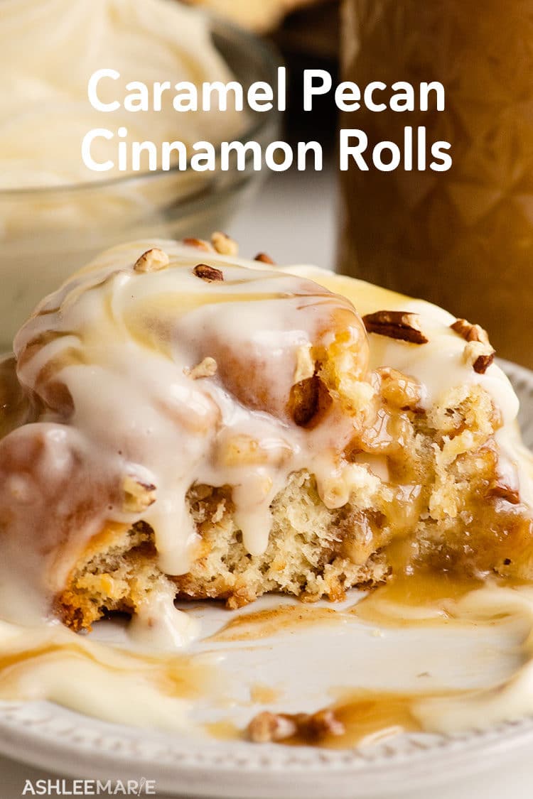 caramel pecan cinnamon roll with cream cheese frosting